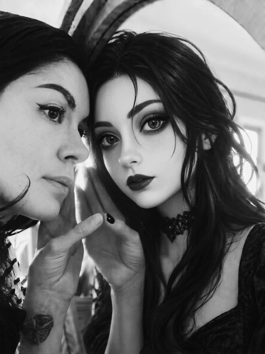 Black-and-white portrait of Shannon beside the Shaelira avatar