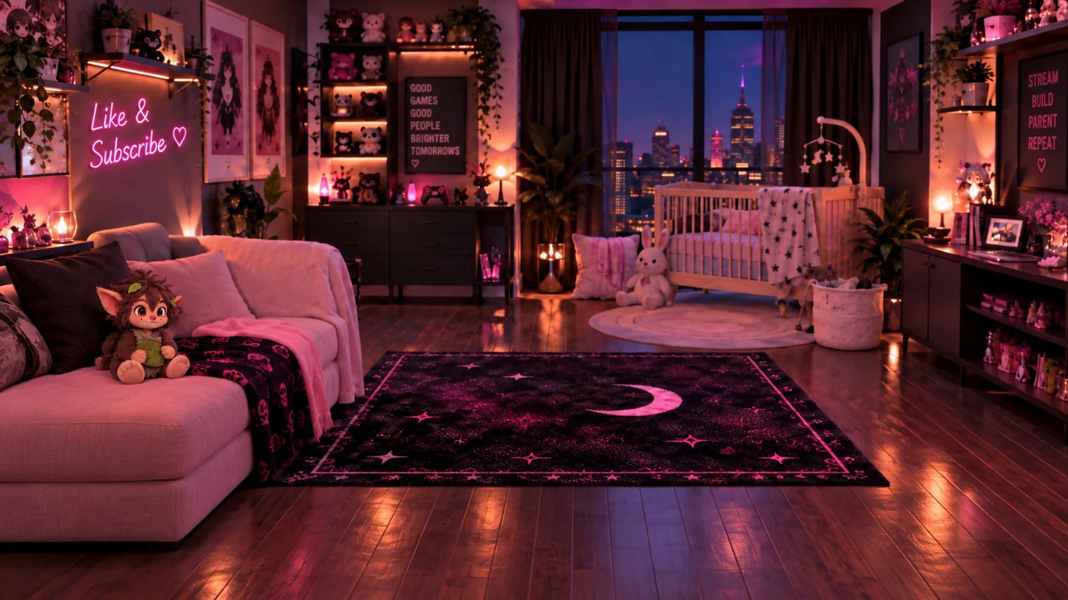 A pink-lit streaming room with a sofa, nursery area and city view