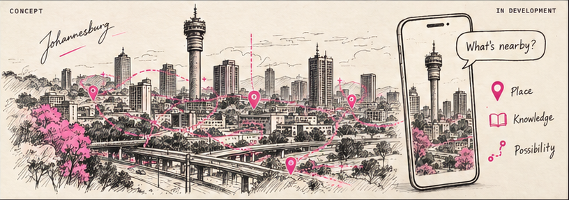 Concept illustration of Johannesburg landmarks, local map pins and a companion app.