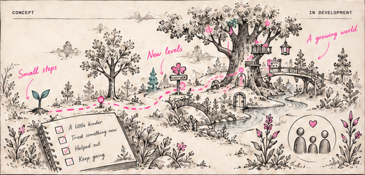 Concept illustration of a woodland journey growing from small steps into new levels.