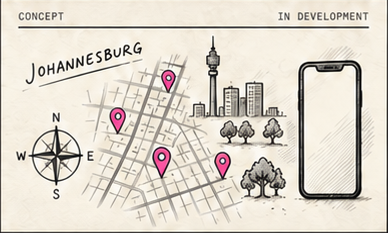 Concept map of Johannesburg with local pins, landmarks and a companion app.